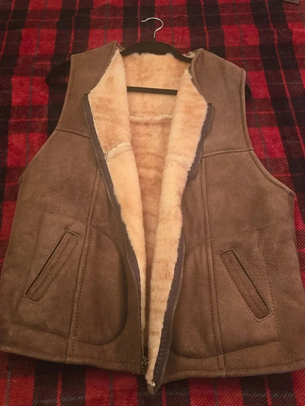 Vintage Brown Suede Shearling Lined Vest Zip Up Western Rancher M